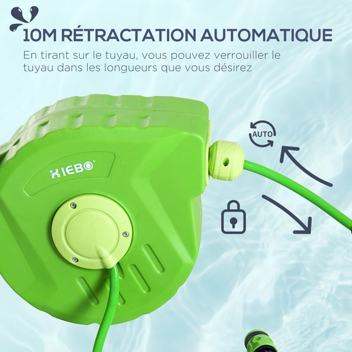 Dévidoir Mural Enrouleur Automatique pivotant 180° Tuyau 10 + 1 m avec Lance arrosage Support Mural intégré Vert