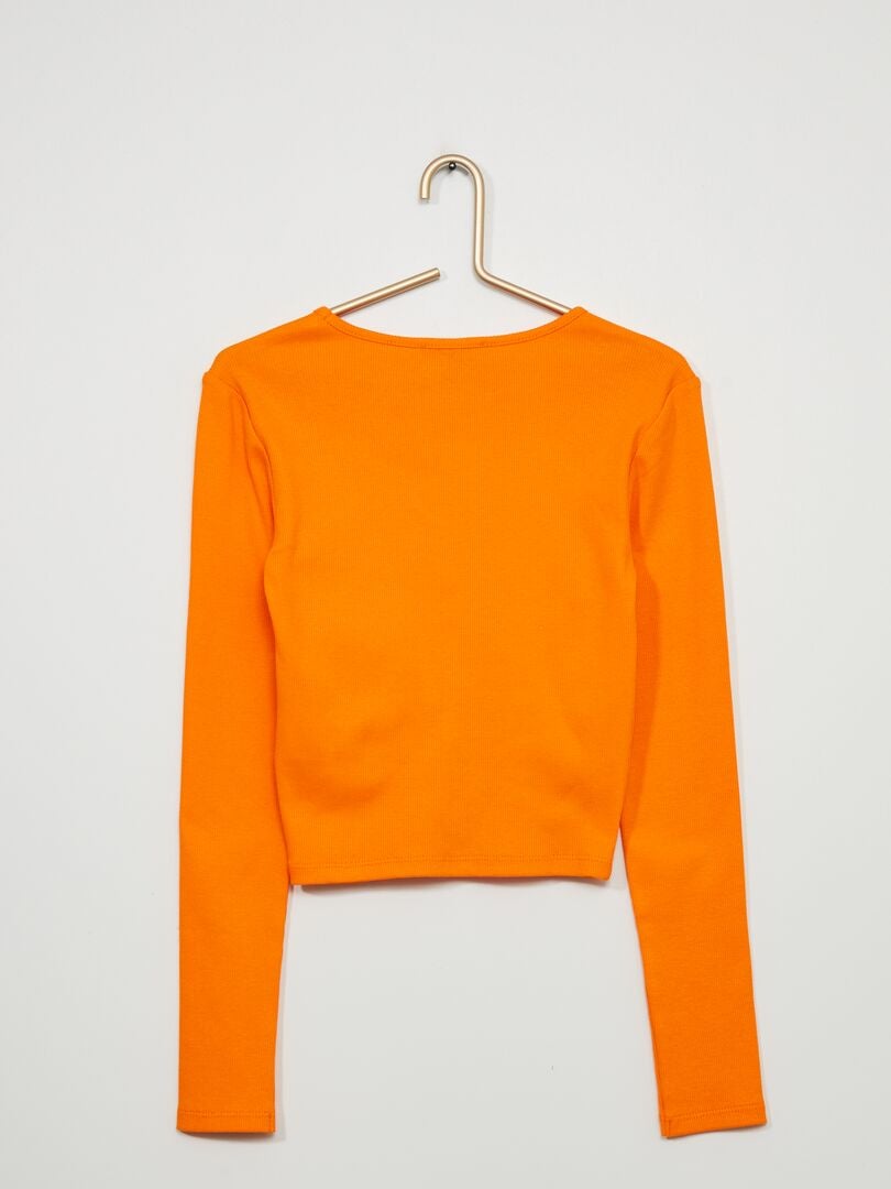 Geribbeld gebreid T-shirt met opening - oranje
