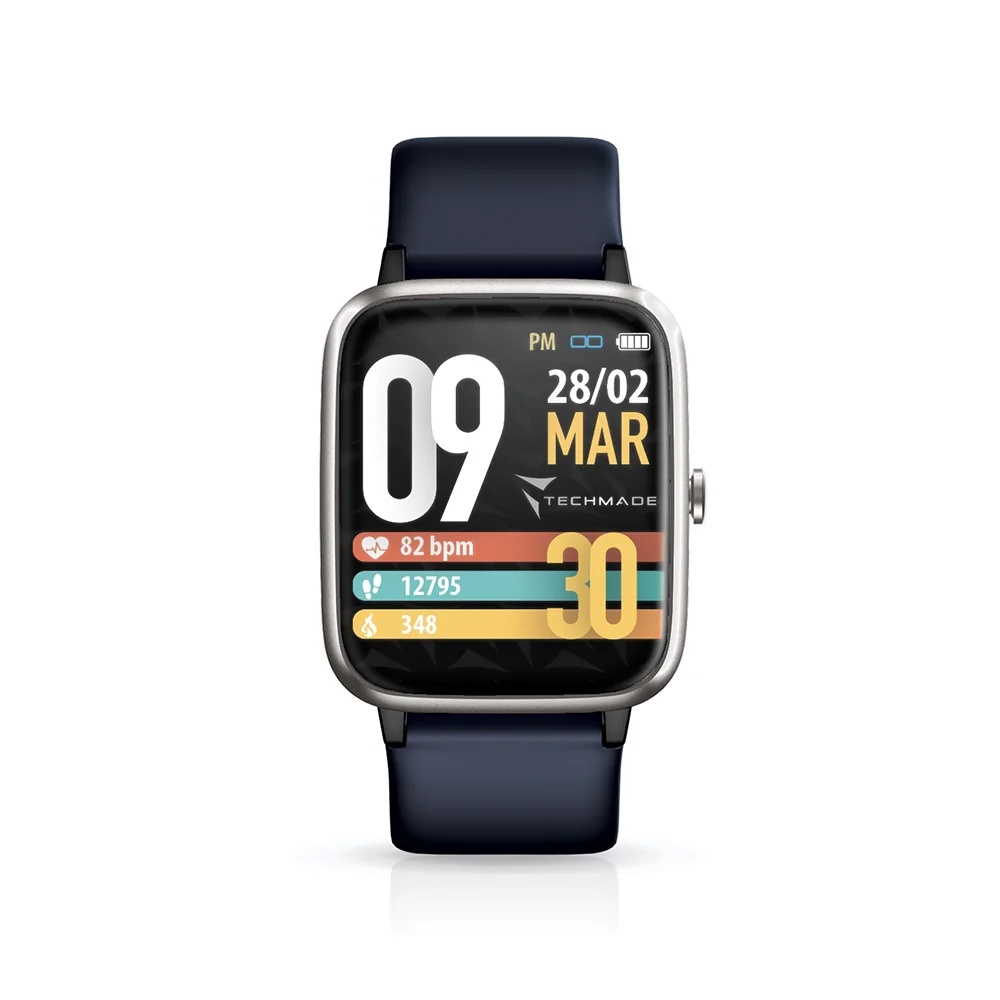 De Techmade Move smartwatch in donkerblauw en zilver, die je altijd bij je kunt dragen.