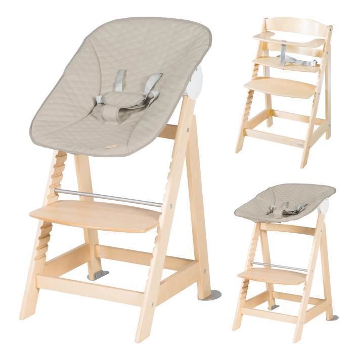 2-in-1 Convertible High Chair - ROBA - BORN UP - Includes Reclining 'Greyish Quilted' Recliner - Natural Wood