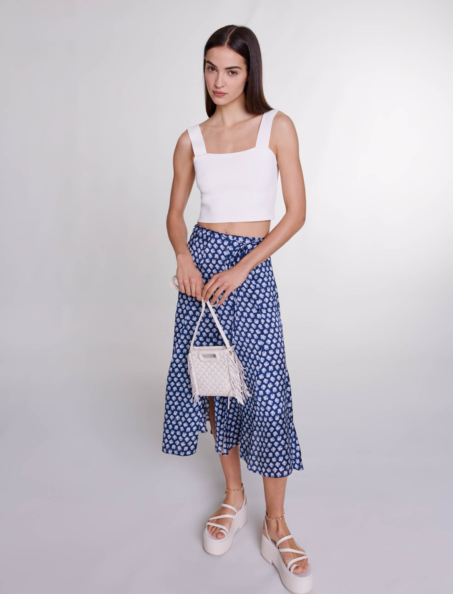 Satijnen midi-rok - Clover marine/ecru