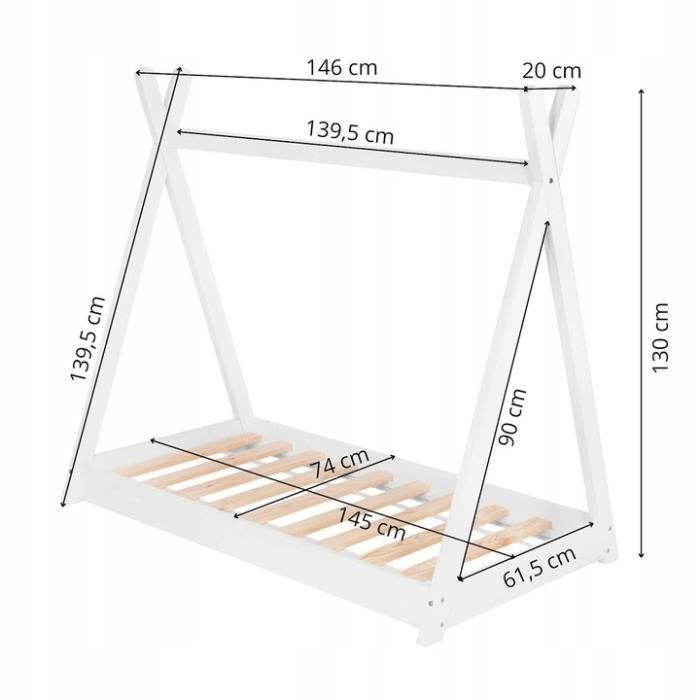Springos® Lit tipi pour enfant avec sommier à lattes, en bois massif 70 x 140 x 130 cm