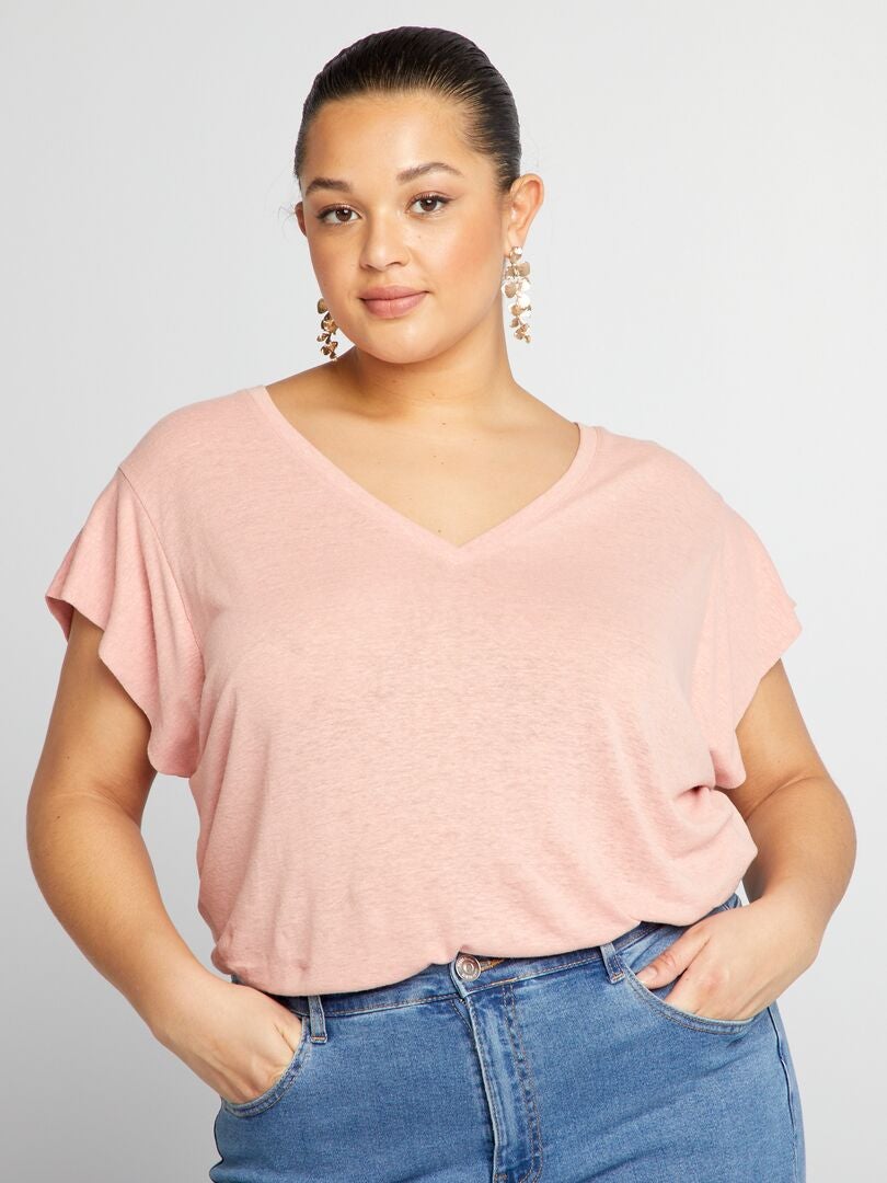 Linnen T-shirt met vleermuismouwen - ROZE