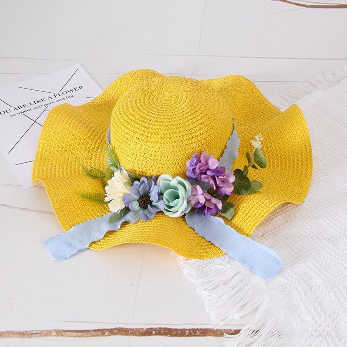 Sombrero para niña - FUNMOON - Conjunto de dos piezas - Estampado floral - Paja - Blanco