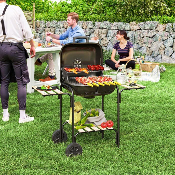 Barbacoa de carbón Outsunny - Superficie de cocción de 1840 cm² - Con parrilla, tapa, estantes y ruedas - Negra