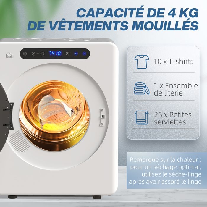Sèche linge à évacuation - HOMCOM - 1000 W 3 Kg - 6 modes de séchage, minuterie - acier inoxydable - 49 x 43 x 61 cm - blanc