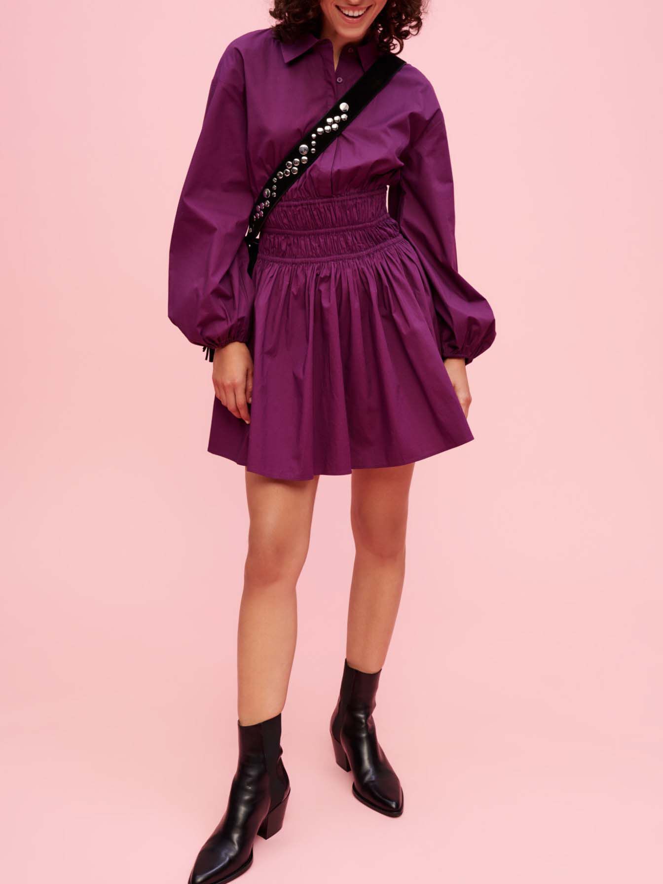 Katoenen jurk met plooien in de taille - Violet