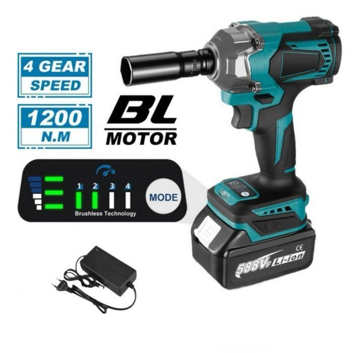 Llave de impacto eléctrica sin escobillas, par de 1200 Nm, llave eléctrica inalámbrica de 1/2 pulgada con luz LED para batería Makita de 18 V.