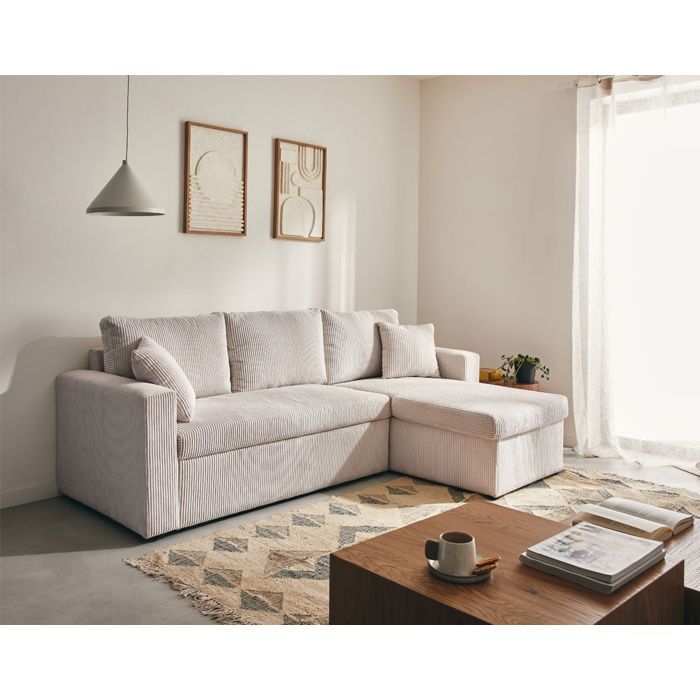 Cyrus - Sofá cama esquinero reversible de 4 plazas con almacenamiento - en pana - Beige