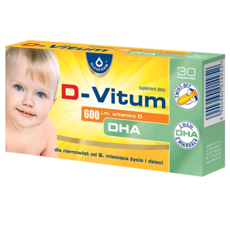 D-Vitum 600 j.m. witaminy D+DHA, Dla niemowląt od 6. miesiąca życia i dzieci, Kapsułki twist-off