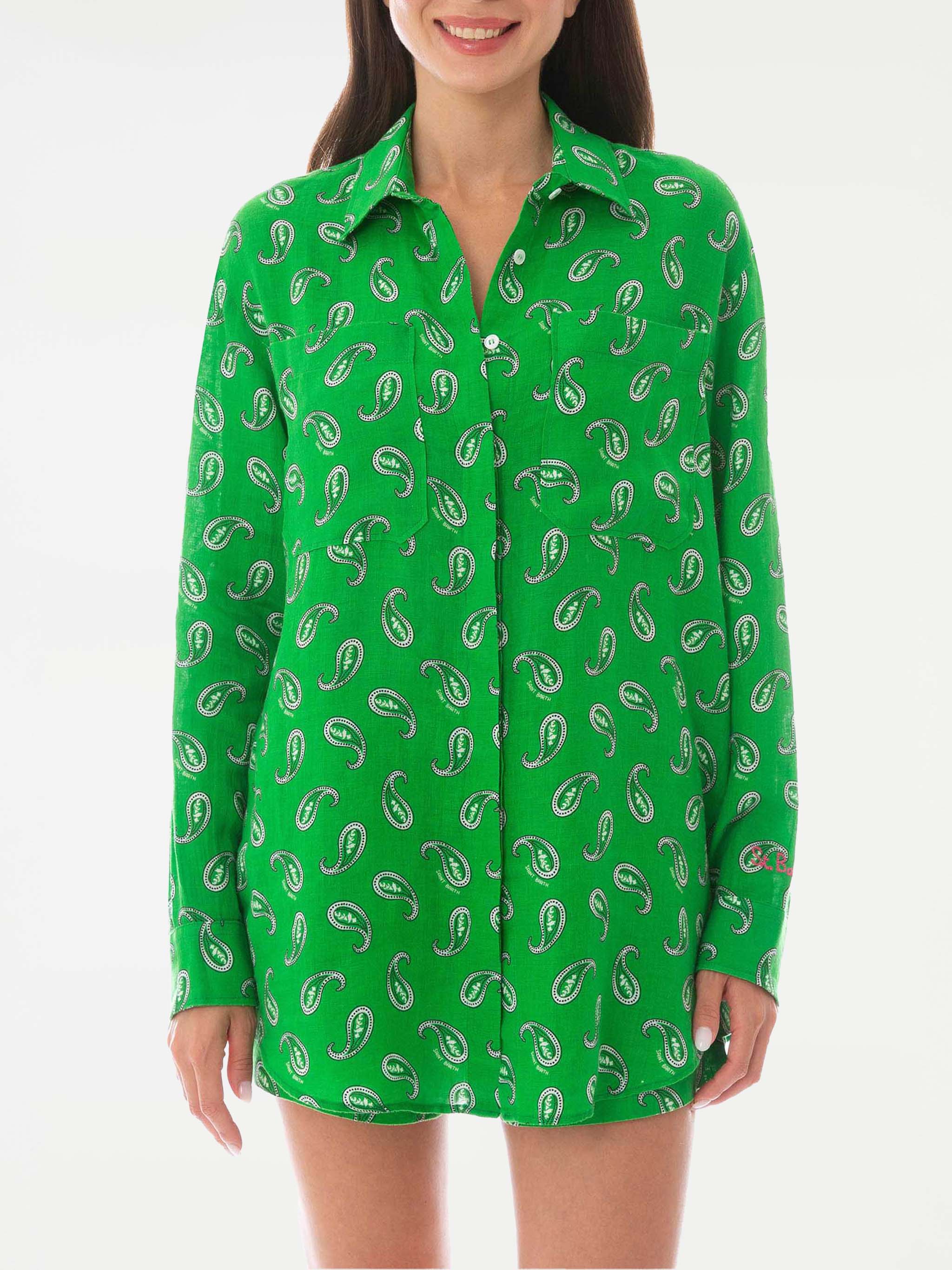 Groen linnen overhemd met paisleyprint