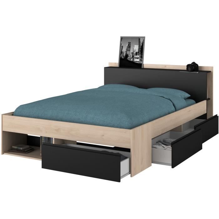 Cama adulta COMBO 140x190/200 cm - Roble y negro - 3 cajones - PARISOT