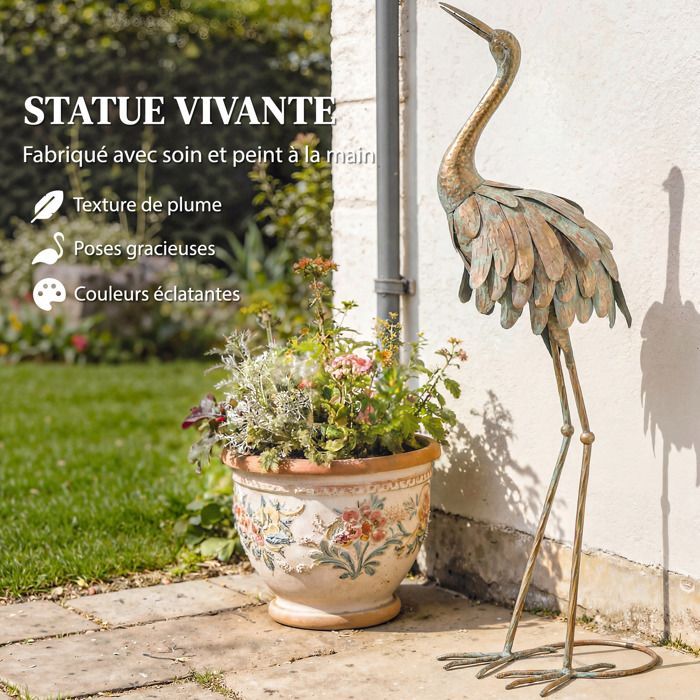 Conjunto de 2 estatuas de jardín - Escultura de garza - Outsunny - 91/95 cm - para patio, estanque, terraza - Dorado/Azul
