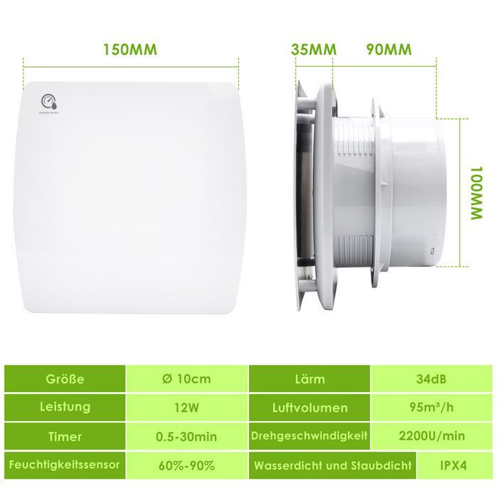 Ventilador de ambiente Yaskilosiu con sensor de humedad, ventilador silencioso de 100 mm para baño, accesorio de ventilación