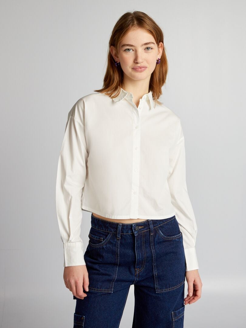 Korte poplin blouse - WIT