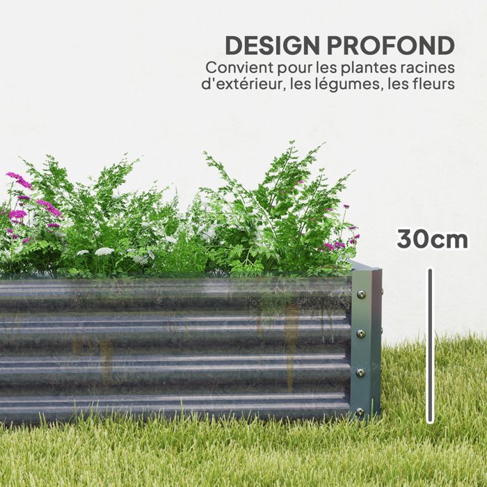 Huerto elevado Outsunny - fondo abierto - con borde anticorte, barras de soporte - acero galvanizado 180 x 90 x 30 cm - gris plata