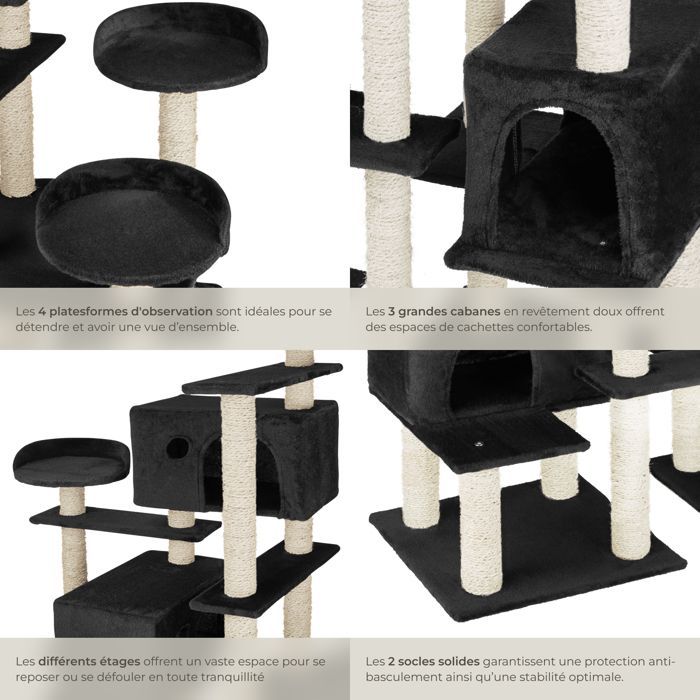 Arbre à chat - TECTAKE - Mobilier pour chat ENTISSAR avec griffoir et 4 cabanes 138 x 60 x 214 cm - Noir