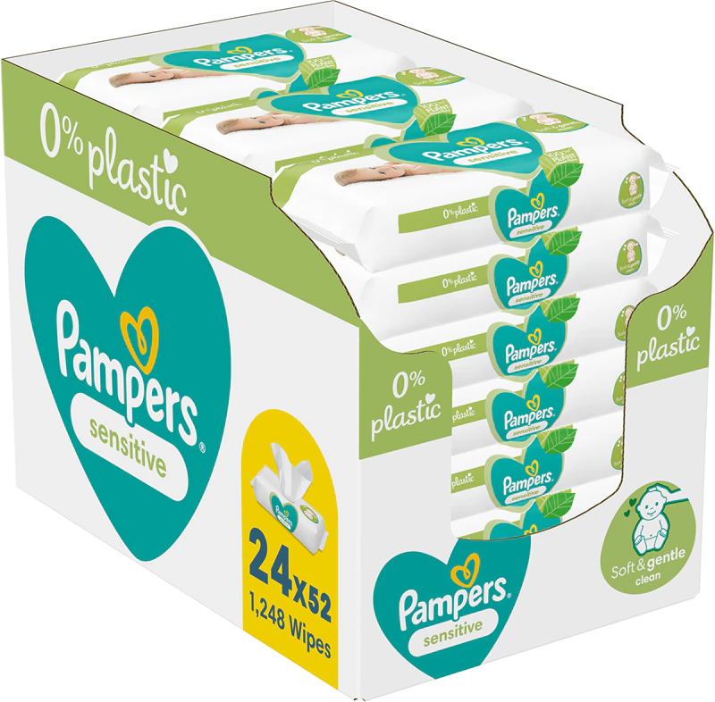 Lenços umedecidos Pampers Sensitive sem plástico para bebês com pele sensível.