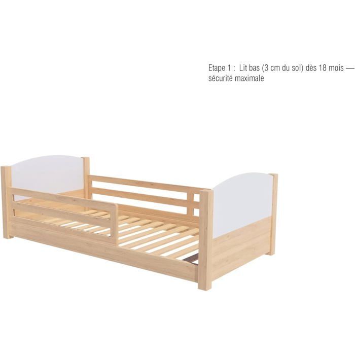 Cama infantil conversível 90x190 cm - Cama de madeira 3 em 1 - Altura do colchão ajustável - Grades laterais removíveis - Inteligente e econômica