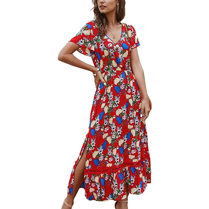 Abito lungo midi da donna estivo casual a maniche corte con stampa floreale, scollo a V, stile bohémien, lunghezza svolazzante e spacco.