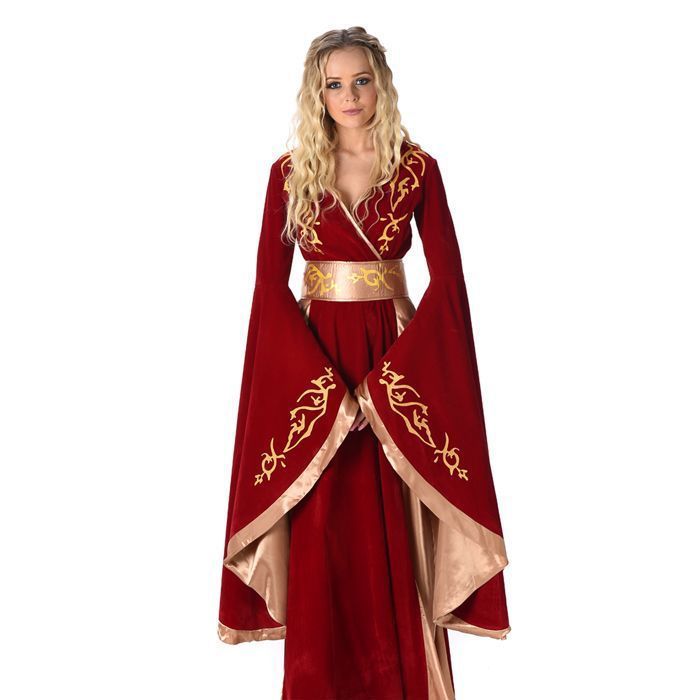Déguisement reine médiévale rouge et or femme