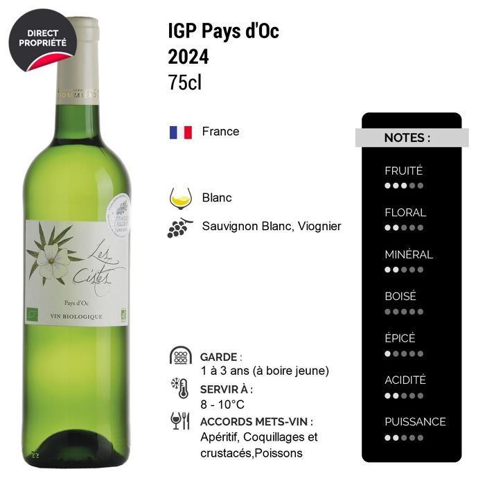 Les Vignerons du Sommiérois Pays d'Oc Les Cistes 2024 - Vino bianco della Linguadoca-Rossiglione (6x75cl)