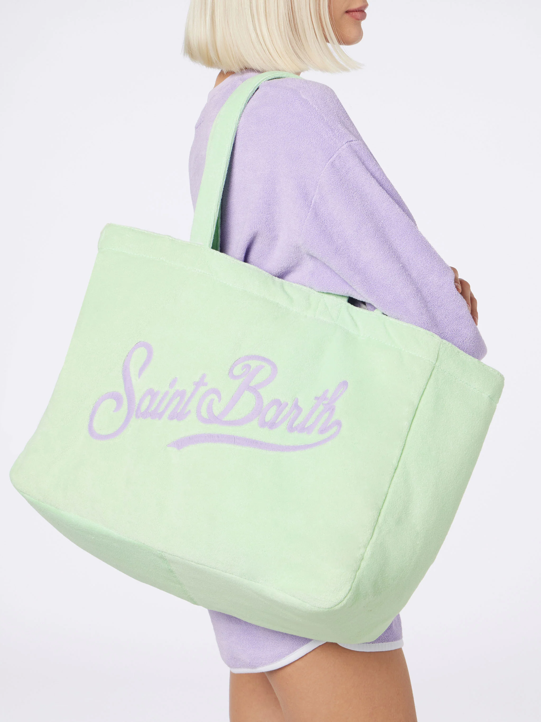 Sac cabas de plage double face | Tissu éponge vert d'eau et coton imprimé vichy lilas | Logo brodé | Poche cachée | MC2 Saint Barth