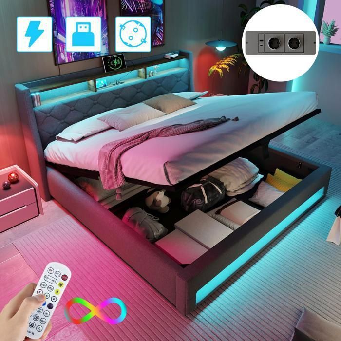 160 x 200 cm Storage Bed with Slatted Base - NHHF - Double Bed with Storage, LED Lighting, and USB Port - 160 x 200 cm Hydraulic Bed with Under-Bed Storage