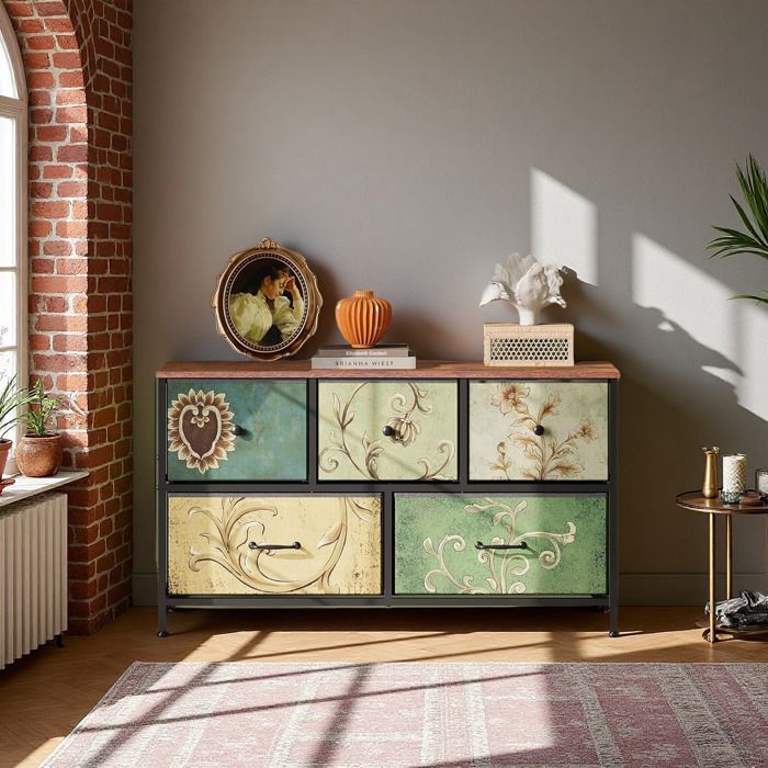 Commode de chambre, 5 tiroirs, Pieds réglables, motif floral, Style artistique rétro, 100 x 30 x 55 cm, Multicolore