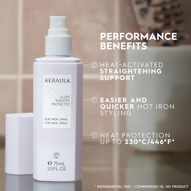 spray fixador para chapinha KERASILK Styling Flat Iron Spray é um spray protetor térmico para uso com chapinha ou modelador de cachos.