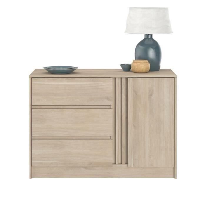 ESCALE Chest of Drawers - 3 Drawers - 1 Door - Oak Finish - W 109.8 x H 76.8 x D 50 cm