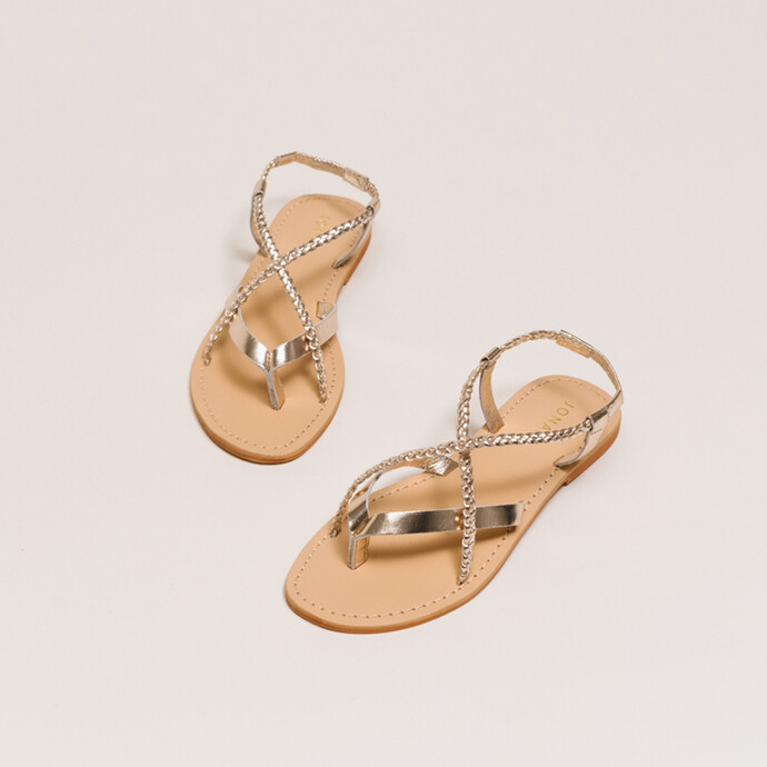 Sandales à brides tressées  en cuir metallisé platine