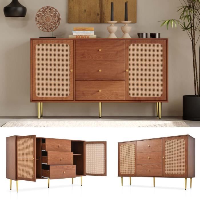 Sideboard mit 2 Türen und 3 Schubladen, lackierte MDF-Platte und Naturrattan-Geflecht – B 150 x T 40 x H 90 cm, Metallbeine, Nussbaum