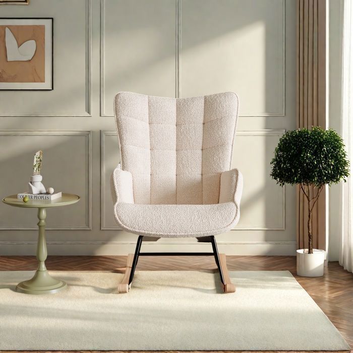 Mecedora relajante, mecedora de terciopelo Teddy, silla de lactancia, mecedora para sala de estar/dormitorio, madera maciza, beige.
