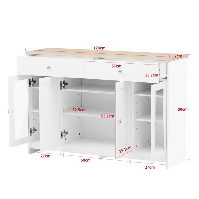Buffet Salon Elégant, Meuble d'entrée 4 Portes 2 Tiroirs, Armoire de Cuisine, Portes en verre,120x37x80cm, Bois et Blanc