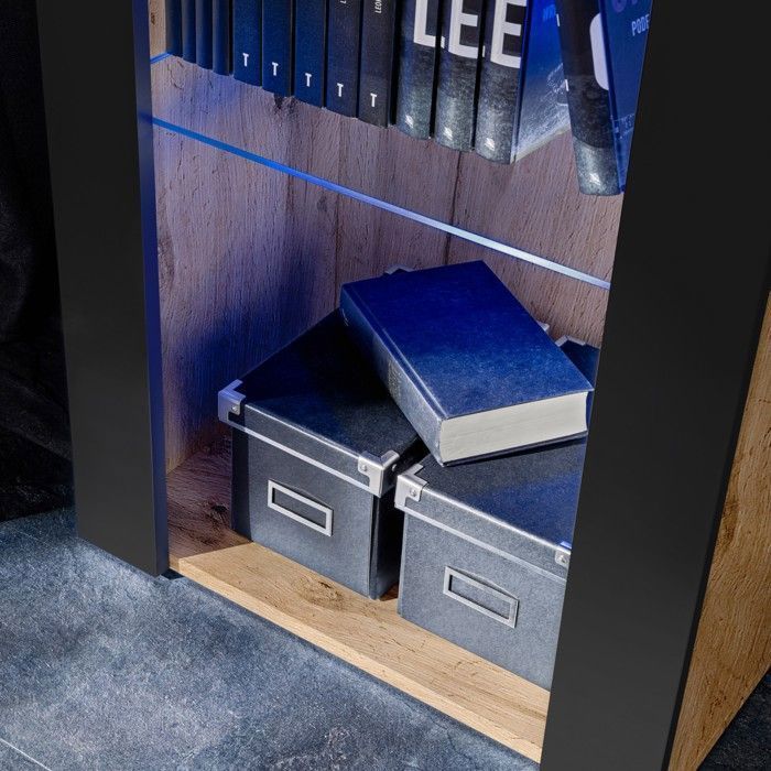 Conjunto de suporte para TV Tivoli Medio Komodee - LEDs azuis - Preto fosco e madeira natural - 195x159x35 cm