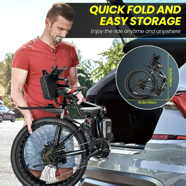 Gocio 26 inch elektrische fiets voor volwassenen, 500W opvouwbare elektrische mountainbike met een maximale actieradius van 80 km, volledige vering, 48V opvouwbare e-bike met verwijderbare 374,4Wh lithium-ion accu, elektrische stadsfiets