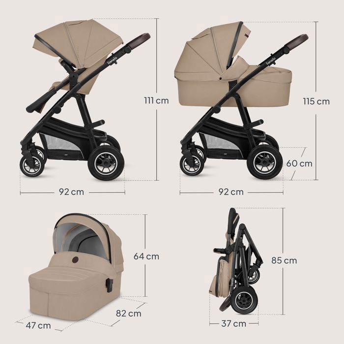 Poussette combinée 4en1 LIONELO Bianka -Jusqu'à 22Kg - Pack poussette, Nacelle, Siège auto, Base ISOFIX, sac et accessoires - Beige