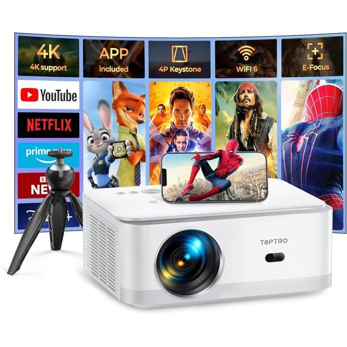 Videoproiettore portatile TOPTRO 1080P Full HD, 25000 lumen, Android 9.0, WiFi 6, Bluetooth