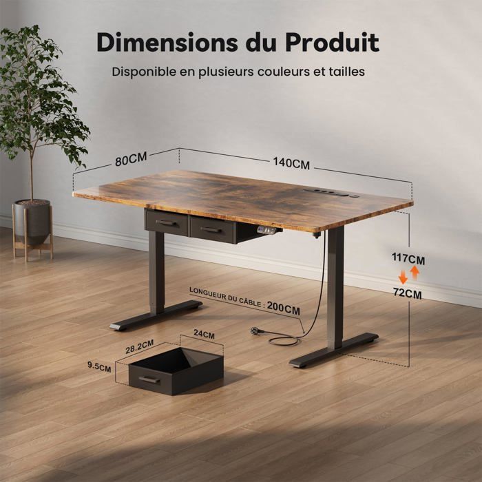 Mesa elétrica HLONONE para trabalhar sentado ou em pé, 140 x 80 cm, com tomada integrada, 2 gavetas removíveis, porta USB-C, marrom.