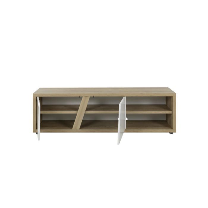 Mueble para TV con 2 puertas, blanco mate y efecto madera de roble, con espacio de almacenamiento.