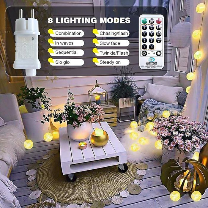 Guirlande lumineuse lanterne LED Bigzom extérieure avec minuterie, 5m 20 LED, 8 modes GUIRLANDE LUMINEUSE D'EXTERIEU