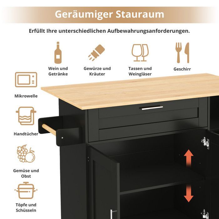 Table de cuisine mobile - 132.5x44(70)x90 cm - Plateau pliable - Grain de chêne - 5 roulettes
