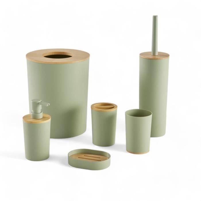 Juego de 6 accesorios de baño - HOY - UTILIDAD - Dispensador de jabón, vaso, portacepillos de dientes, jabonera, escobilla de baño, papelera - Verde