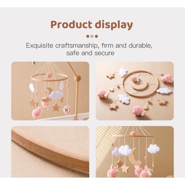 Móvil de madera para cuna, móvil musical para cuna, sonajero colgante para cuna, regalos para recién nacidos (niñas y niños), oveja (rosa)