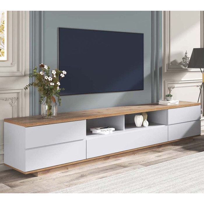 MODERNLUXE 180 cm puinen TV-taso - 5 ovea, 8 lokeroa - moderni tyyli - luonnonvärinen ja valkoinen