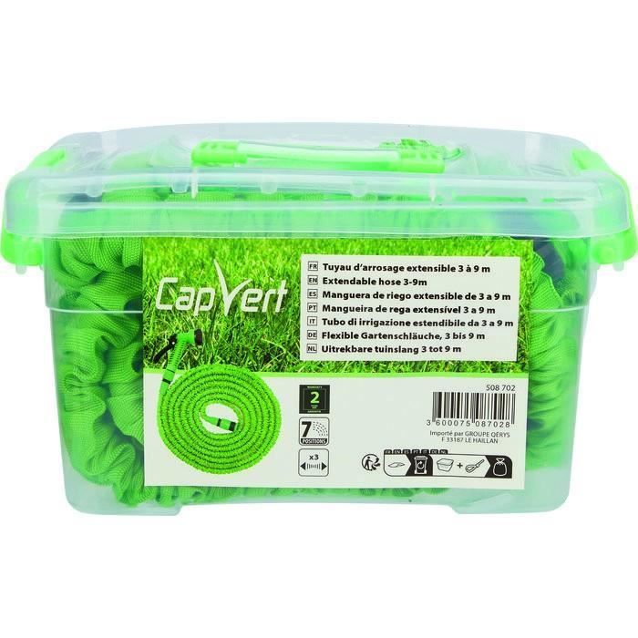 Tuyau d'arrosage - CAP VERT - 3-9 mètres - Latex - Pistolet 7 positions - Léger et compact