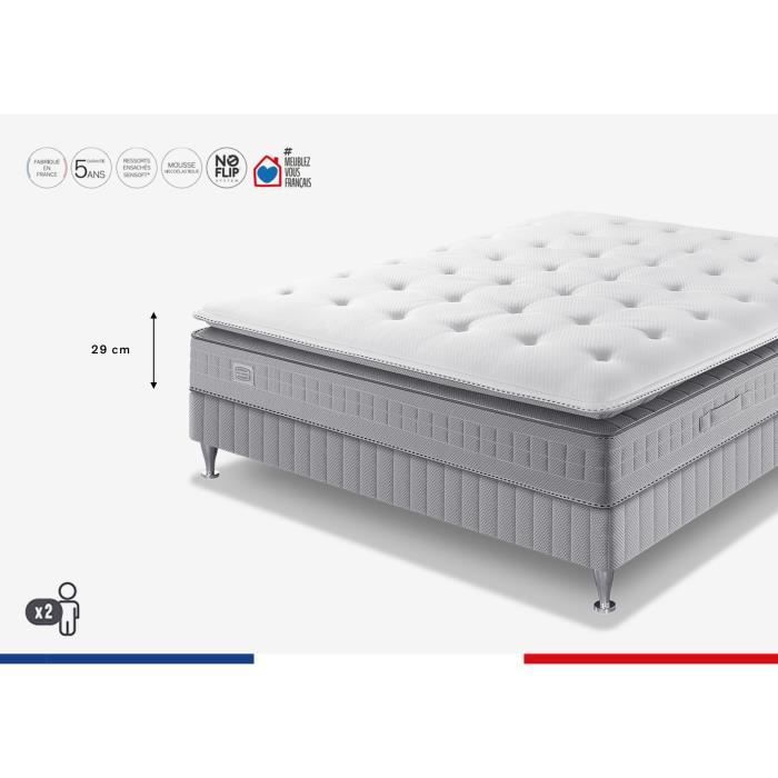 Ensemble matelas sommier 160 x 200 SIMMONS Hauteur 29 cm - Ressorts ensachés Sensoft - Fabriqué en France -  SW5
