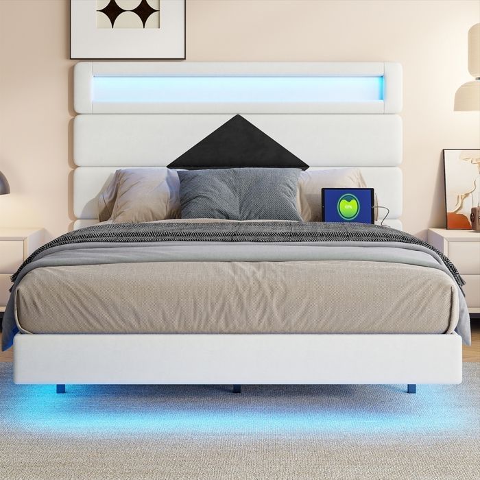 Cama doble de 140x190 cm - Terciopelo beige - Cabecero con iluminación LED - Somier de láminas - Diseño moderno
