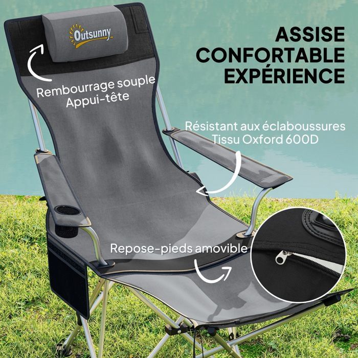 Juego de 2 sillas de camping Outsunny plegables y reclinables con reposapiés, bolsa de almacenamiento, portavasos y reposacabezas (color gris).